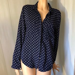 Luna Moon navy blue & white print button-up blouse size small